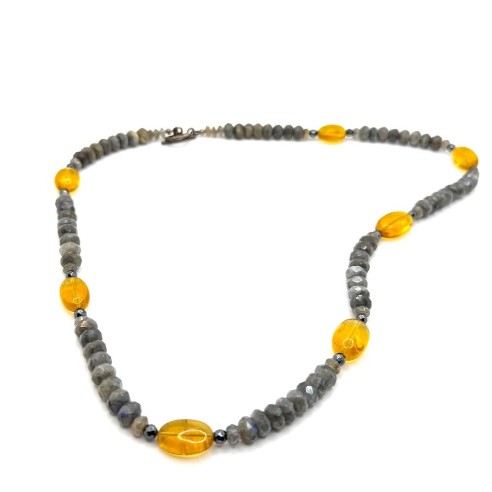Blue Flash Labradorite Yellow Fluorite Beaded Toggle Necklace